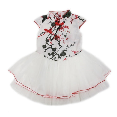 Little Girls Red White Plum Flower Cotton Tulle Cheongsam Dress 24M-8 - SophiasStyle.com